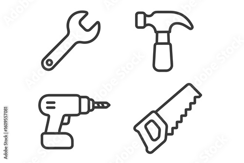 Set of hand tools outline: wrench, hammer, drill, saw