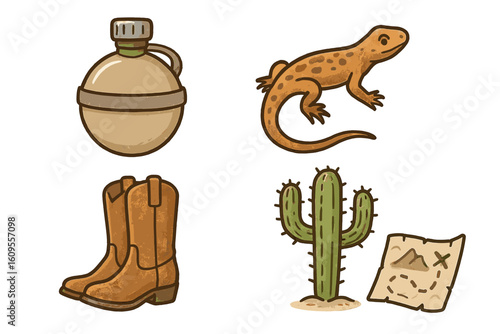 Adventure essentials: canteen, lizard, cowboy boots, cactus, map