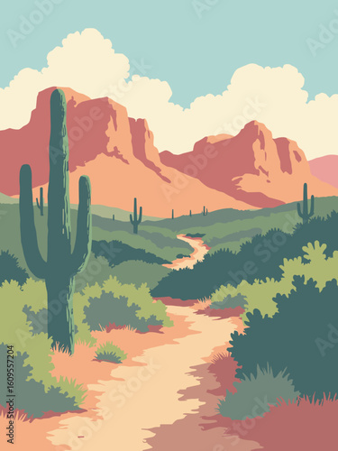 Queen Creek, AZ – San Tan Mountain trails and citrus farms in desert tan, grove green, sky coral, and trail gray