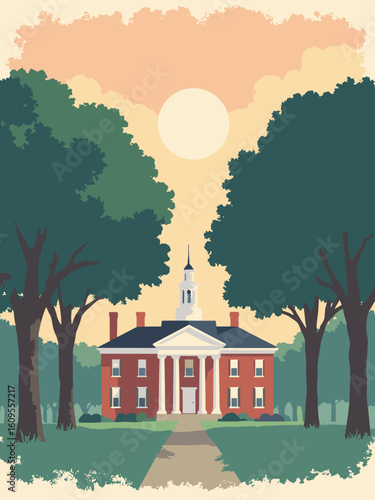 Auburn, AL – Toomer’s Oaks and Samford Hall in oak green, hall brick red, campus white, and sky peach