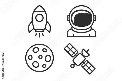 Space icons: rocket, astronaut, moon, satellite in simple line art