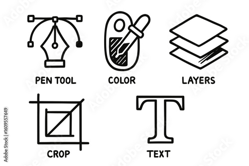 Graphic design tools: pen tool, color picker, layers, crop, text icons