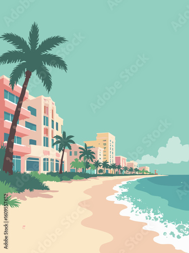 Miami Beach, FL – Art Deco hotels and Ocean Drive palms in deco mint, pastel pink, palm green, and ocean teal