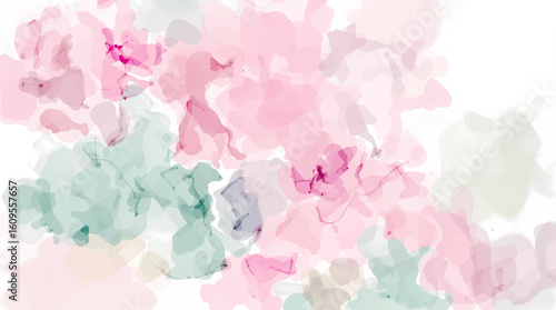 Seamless pattern of vibrant watercolor flowers and elegantly shaped leaves on white background, striking visual appeal perfect for any project or creative endeavor. Delicate watercolor flower