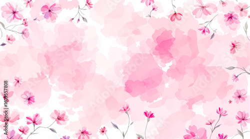 Seamless pattern of vibrant watercolor flowers and elegantly shaped leaves on white background, striking visual appeal perfect for any project or creative endeavor. Delicate watercolor flower