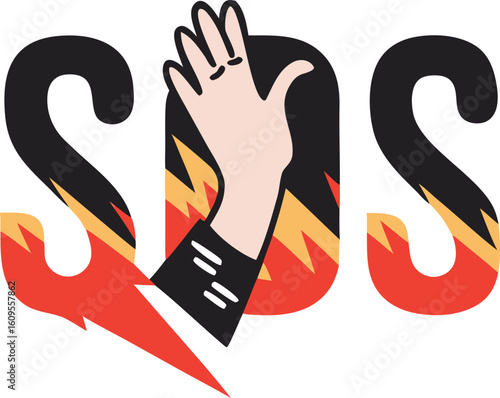 S O S distress signal with hand and flames help emergency