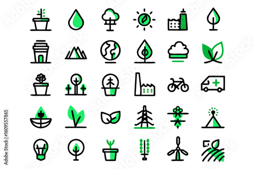 Clean line art icons representing green economy concepts financial growth and sustainable business practices in a cohesive set