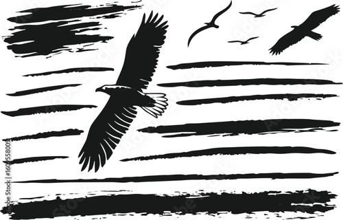 Flying eagle and birds with brush strokes soaring wings