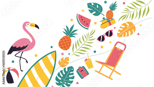 Vibrant Summer Vacation Tropical Flamingo Beach Scene Illustration