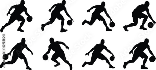 Silhouettes of basketball player in multiple dribbling poses showcasing dynamic athletic movement and sports action for versatile commercial use