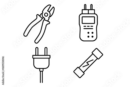 Electrical tools and components illustration including pliers and plug