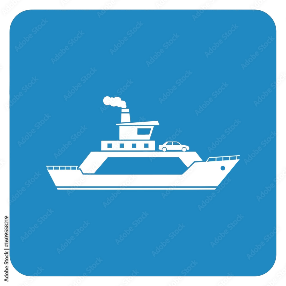 Fototapeta premium White ferry boat illustration on a blue square background.