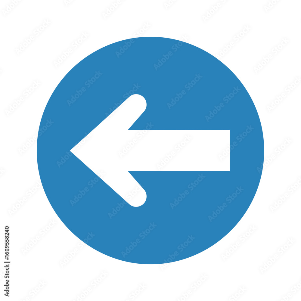 White arrow pointing left inside a blue circle on a white background. White arrow pointing left inside a blue circle on a white background.