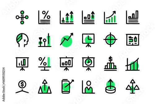 Comprehensive collection of visual elements representing business growth financial trading strategies market analysis and investment concepts with a modern aesthetic