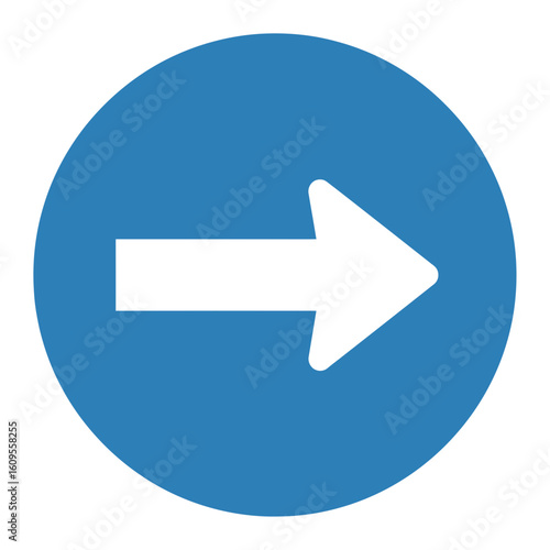 White arrow pointing right inside a blue circle on a white background.
