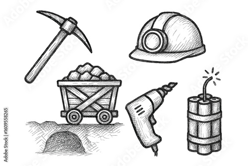 Hand-drawn mining tools and equipment: pickaxe, hard hat, coal cart, drill, dynamite