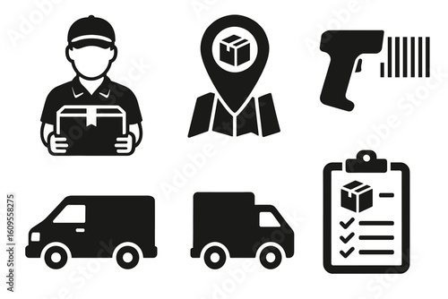 Delivery icons: courier, map location, scanner, van, checklist