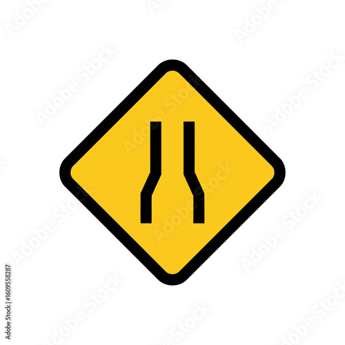 Yellow diamond road sign showing road narrows ahead with black lines.