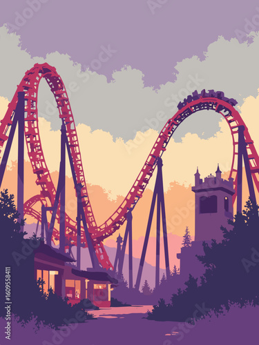 Buena Park, CA – Knott’s Berry Farm roller coasters and ghost town in coaster red, desert beige, berry purple, and wood brown