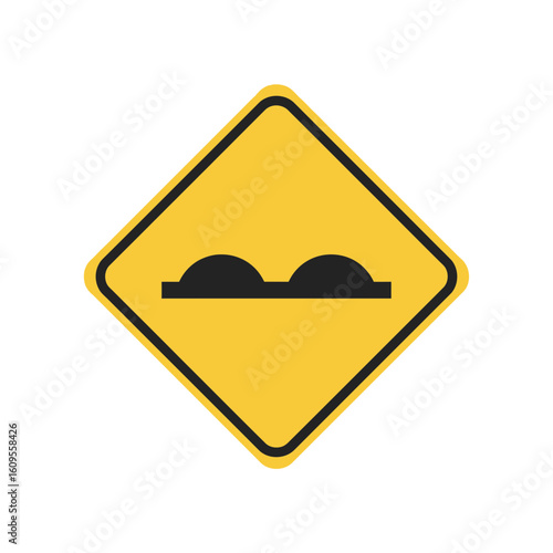 Yellow diamond road sign with black bumps symbol warning of uneven road.