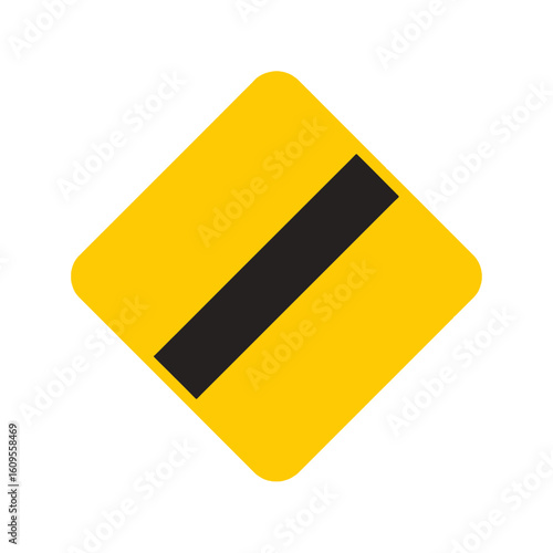 Yellow diamond road sign with black diagonal stripe on white background.