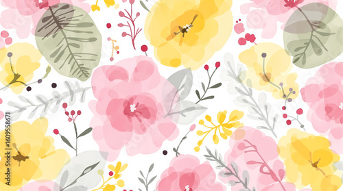 Subtle watercolor flowers seamless pattern design for wedding fashion style or elegant wallpaper. Vector illustration
