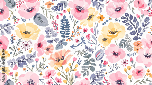 Subtle watercolor flowers seamless pattern design for wedding fashion style or elegant wallpaper. Vector illustration