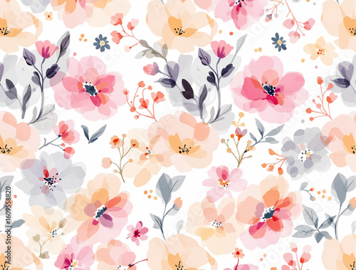 Watercolor floral seamless pattern. Hand painted leaves, meadow flowers, tulips. isolated on white background. Botanical illustration for textile, print, digital paper