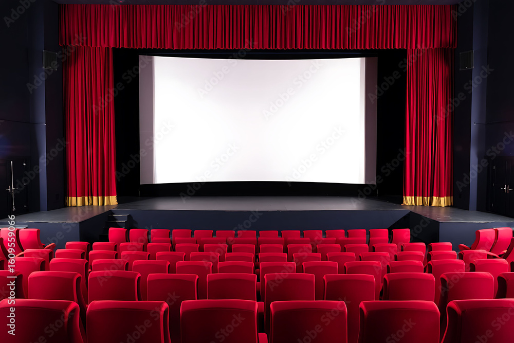 Fototapeta premium Empty Cinema Theater with Red Seats and Blank Screen