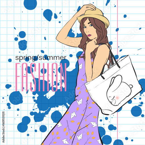 A stylish cartoon woman enjoys shopping for fashion, carrying bags from her city spree
