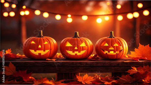 Wallpaper Mural Three glowing jack o lanterns on wooden table with autumn leaves Torontodigital.ca