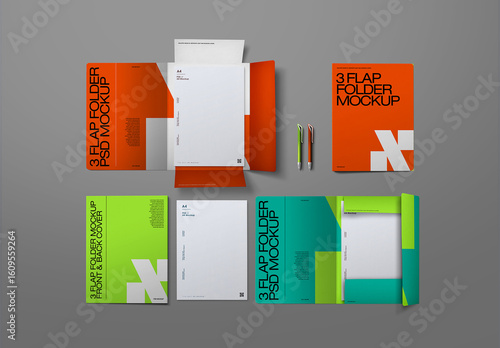 3 Flap Folder Mockup Set - Flat-Lay (9 Objects)