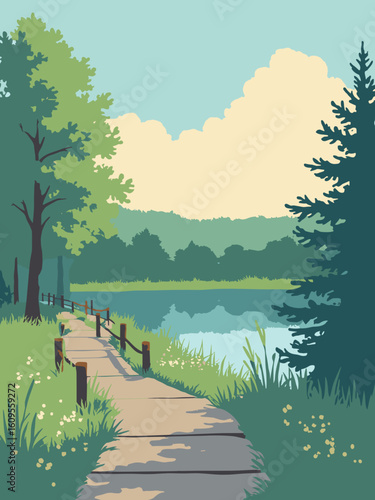 Woodbury, MN – Tamarack Nature Preserve and lakeside boardwalk in preserve green, boardwalk gray, sky blue, and soft gold