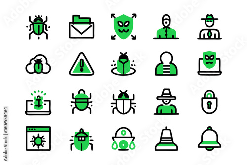 Comprehensive collection of digital security and online threat symbols featuring network intrusion data protection and cybercrime concepts rendered in a clean line art style