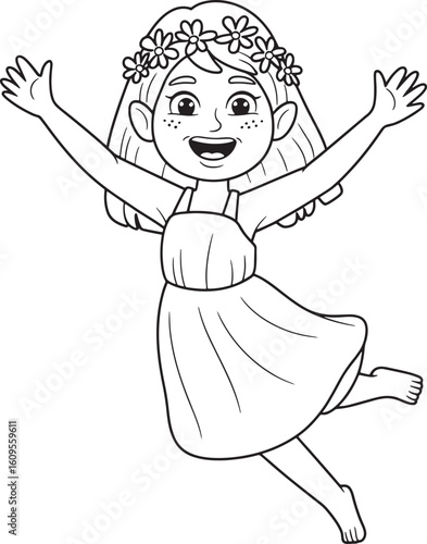 young nymph with flower crown and flowing dress arms stretched in joy line art stock royalty free image premium quality