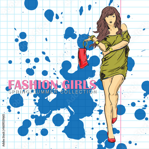 Prety fashion girl in sketch style. Vector illustration.