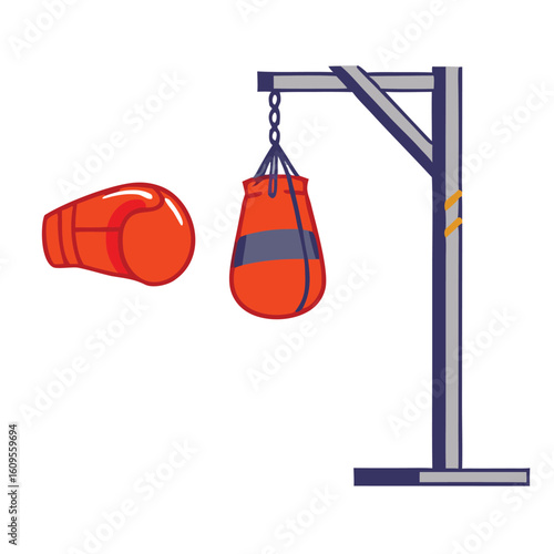 Red boxing glove and punching bag on stand vector