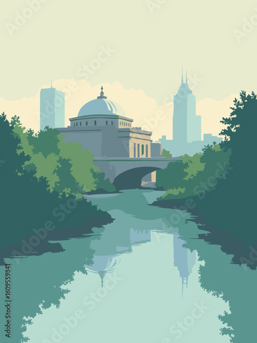 Flint, MI – Flint River trail and cultural center domes in river green, dome silver, stone gray, and fog blue