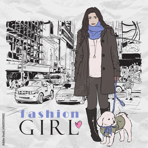 Beautiful girl in sketch-style on a megapolice-background. Vector illustration