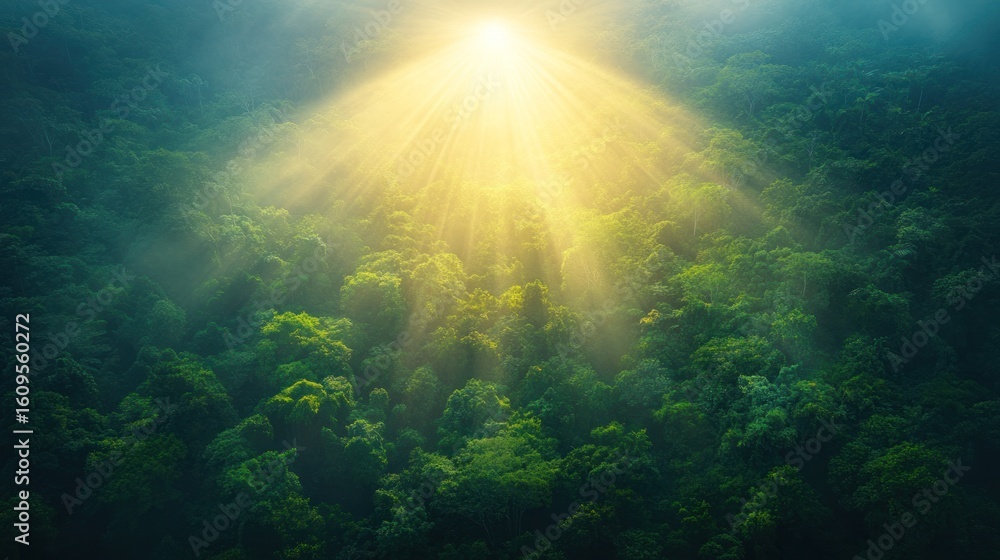 Obraz premium Sunlight piercing through lush forest canopy