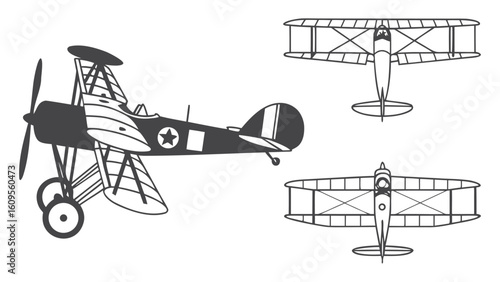 Vintage Biplane Illustration  Multiple Views, Monochrome, Nostalgic Style