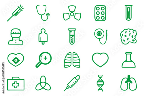 Comprehensive collection of medical and wellness symbols presented with clean modern linework for diverse health related applications and branding