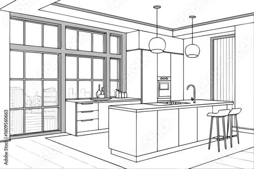 Sketch of a modern kitchen interior with large windows, island, pendant lights, and bar stools in black and white