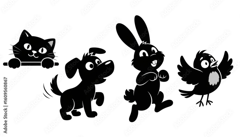 Obraz premium Cartoon silhouettes of a cat peeking, dog walking, rabbit running, and bird flying.