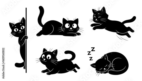 Five black cat illustrations depicting various actions: peeking, lying down, jumping, running, and sleeping.