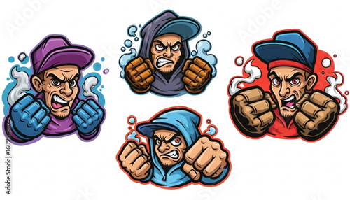 Four cartoon characters, angry and aggressive, in various colors, with boxing gloves, and hooded sweatshirts.