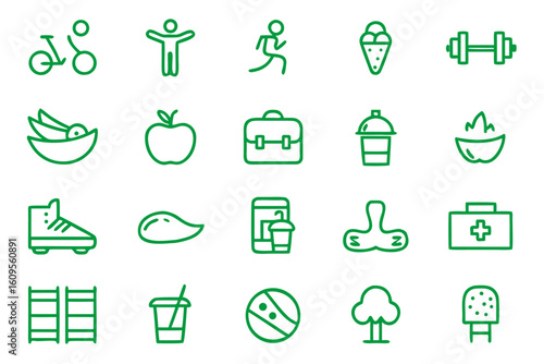 Comprehensive collection of clean modern line art symbols representing various aspects of a healthy and active way of life presented in a cohesive graphic