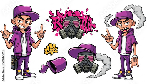 Cartoon characters in purple clothing, gas masks, and graffiti, showcasing different poses and expressions.