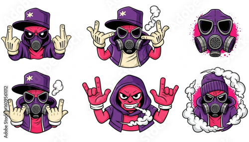 A set of stylized cartoon characters wearing gas masks, displaying various hand gestures and expressions.