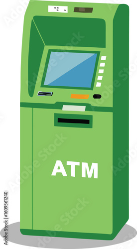 Green automated teller machine with screen and keypad vector